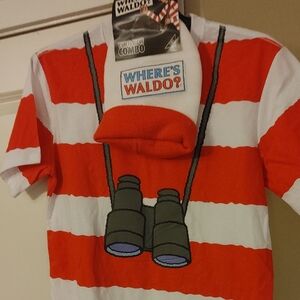 Where's Waldo??? Red and White Striped Costume Tee W Beanie!! Nwt